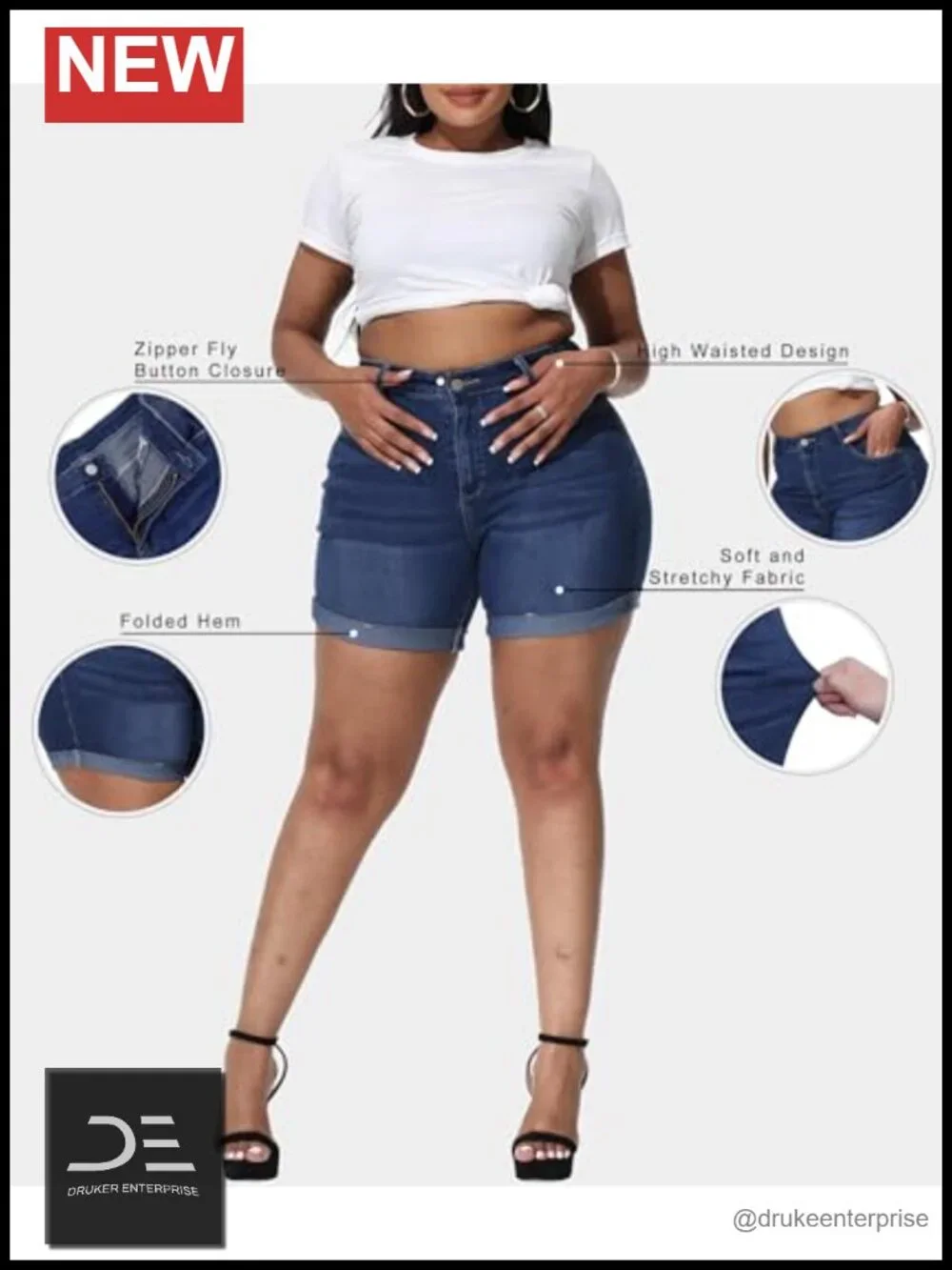 Plus Size High Waisted Jean Shorts Fold Hem Distressed Stretchy Denim